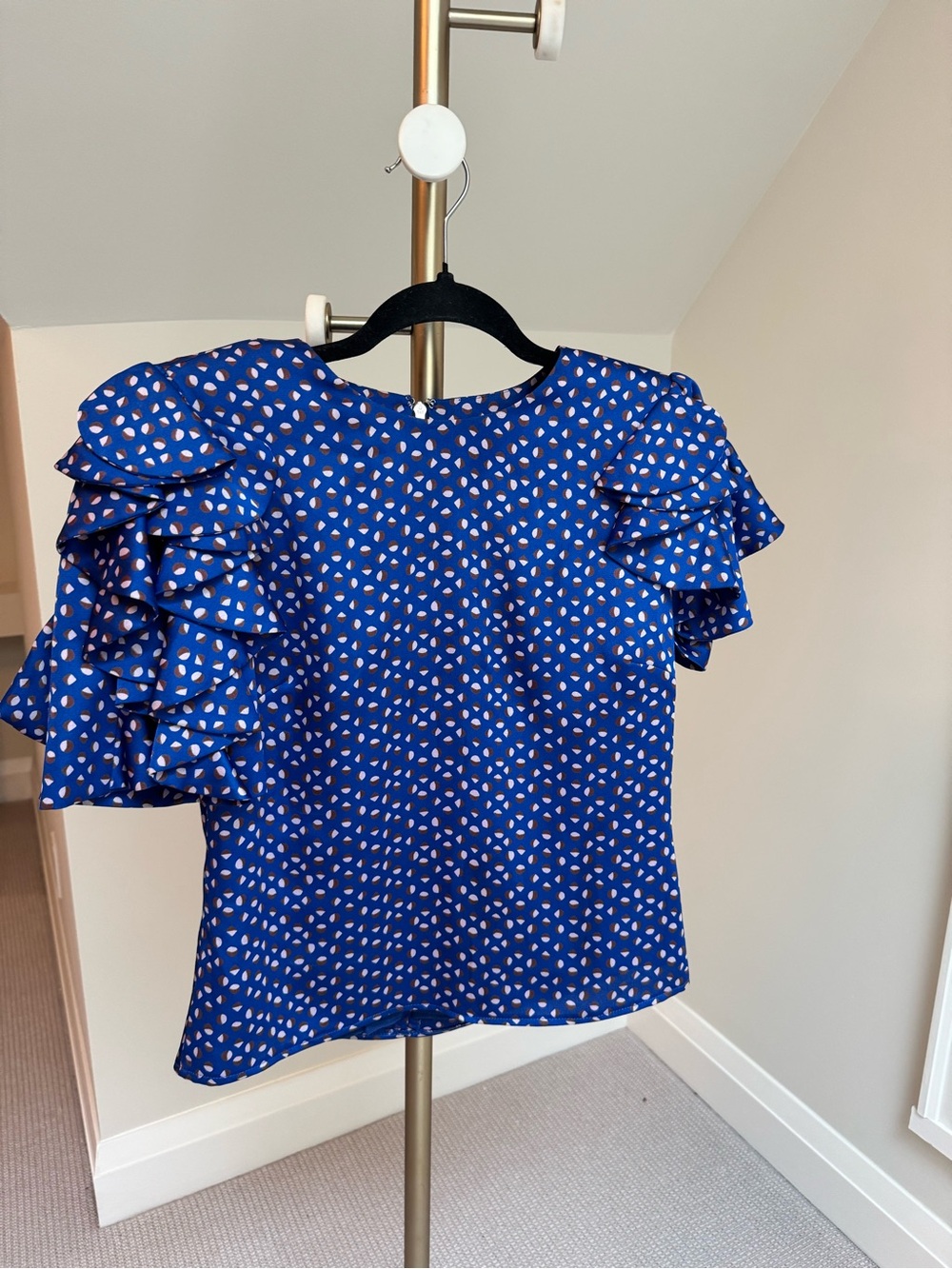 kate spade Royal Blue Ruffle Sleeve Blouse with White Dot Print